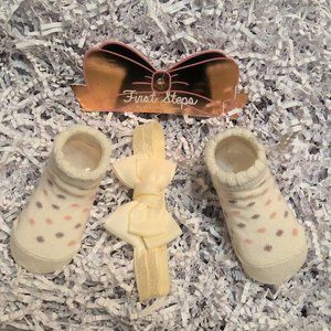 First Steps Socks and Bow, Pink & Mauve polka dot; Cream Sock